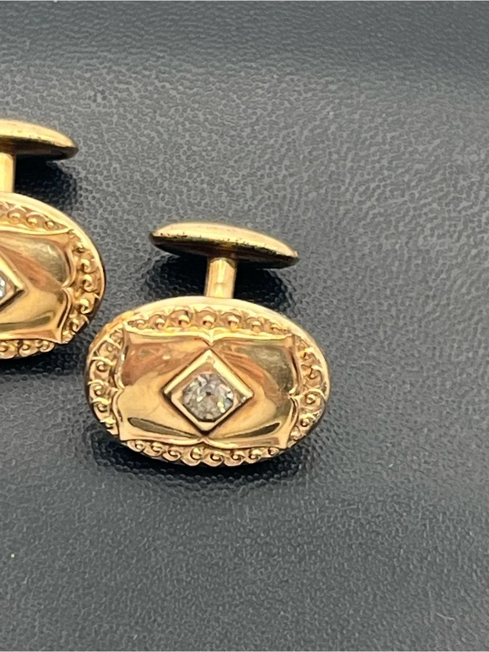 Victorian gold tone embossed design clear rhinestone vintage cufflinks